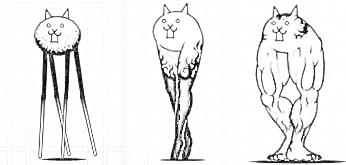 Раскраска Эволюция боевых котов: худой кот на длинных ногах, полный кот на четырех конечностях, мускулистый кот