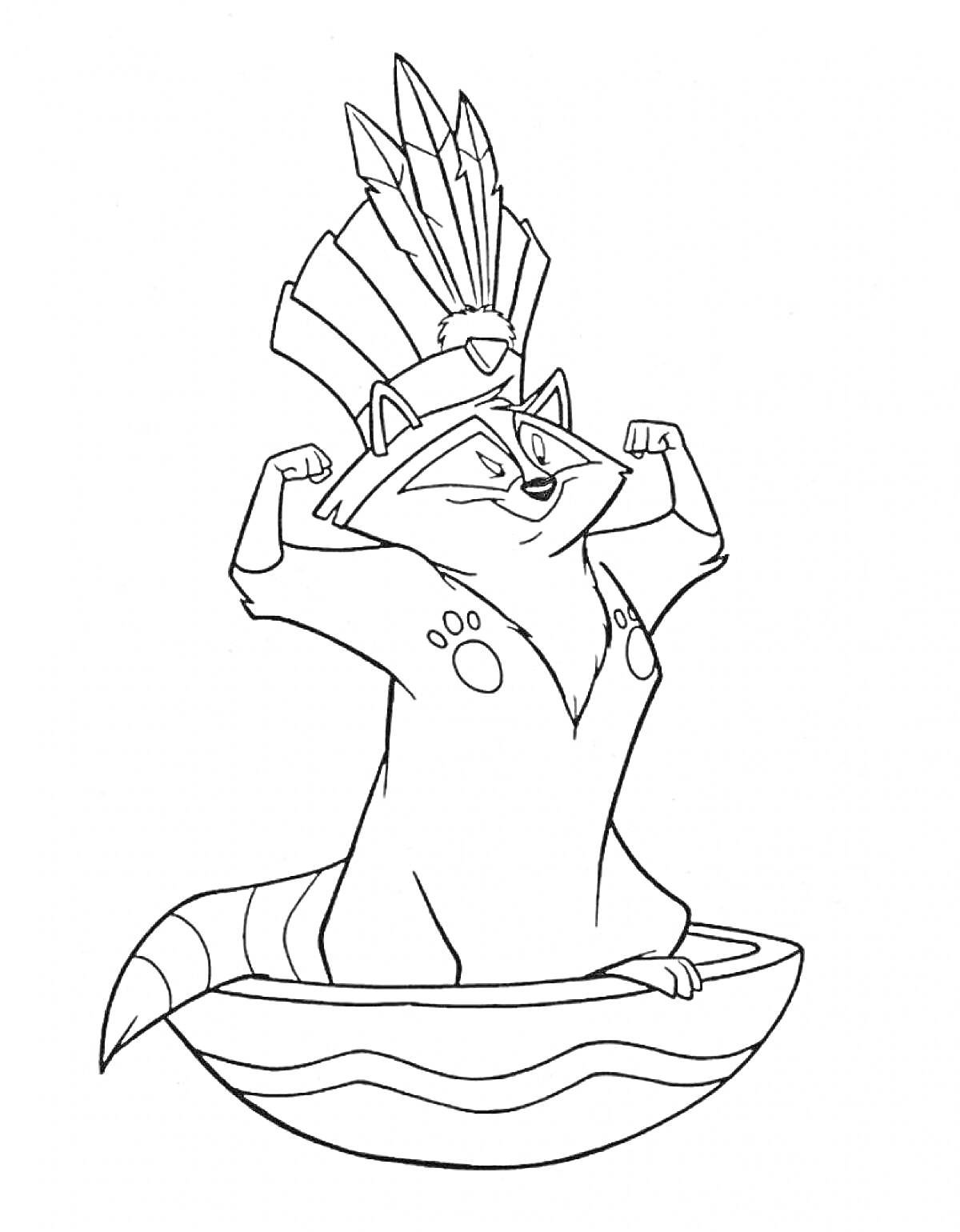Раскраска Енот в головном уборе с перьями сидит в лодке и показывает мускулы