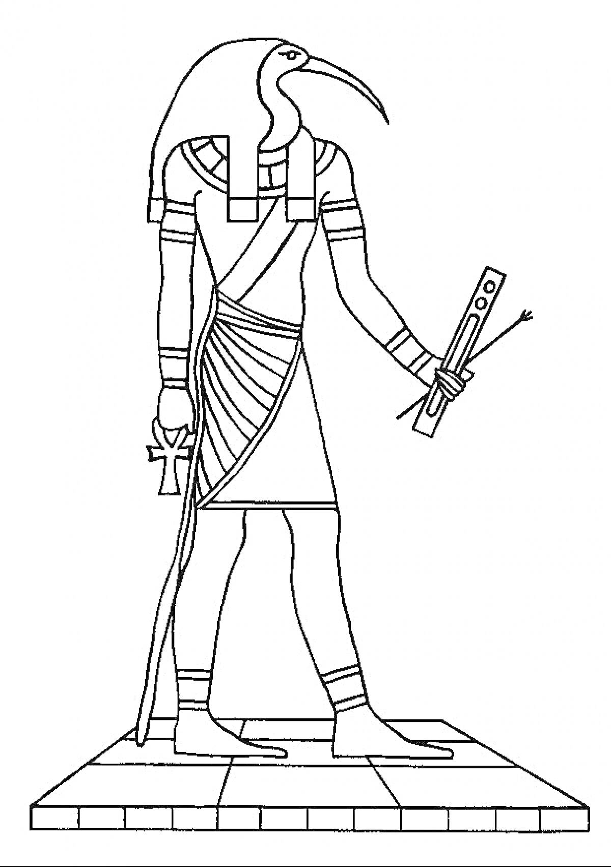 Раскраска Бог Тот с головой ибиса, древнеегипетское божество с посохом и анкхом, стоящее на платформе