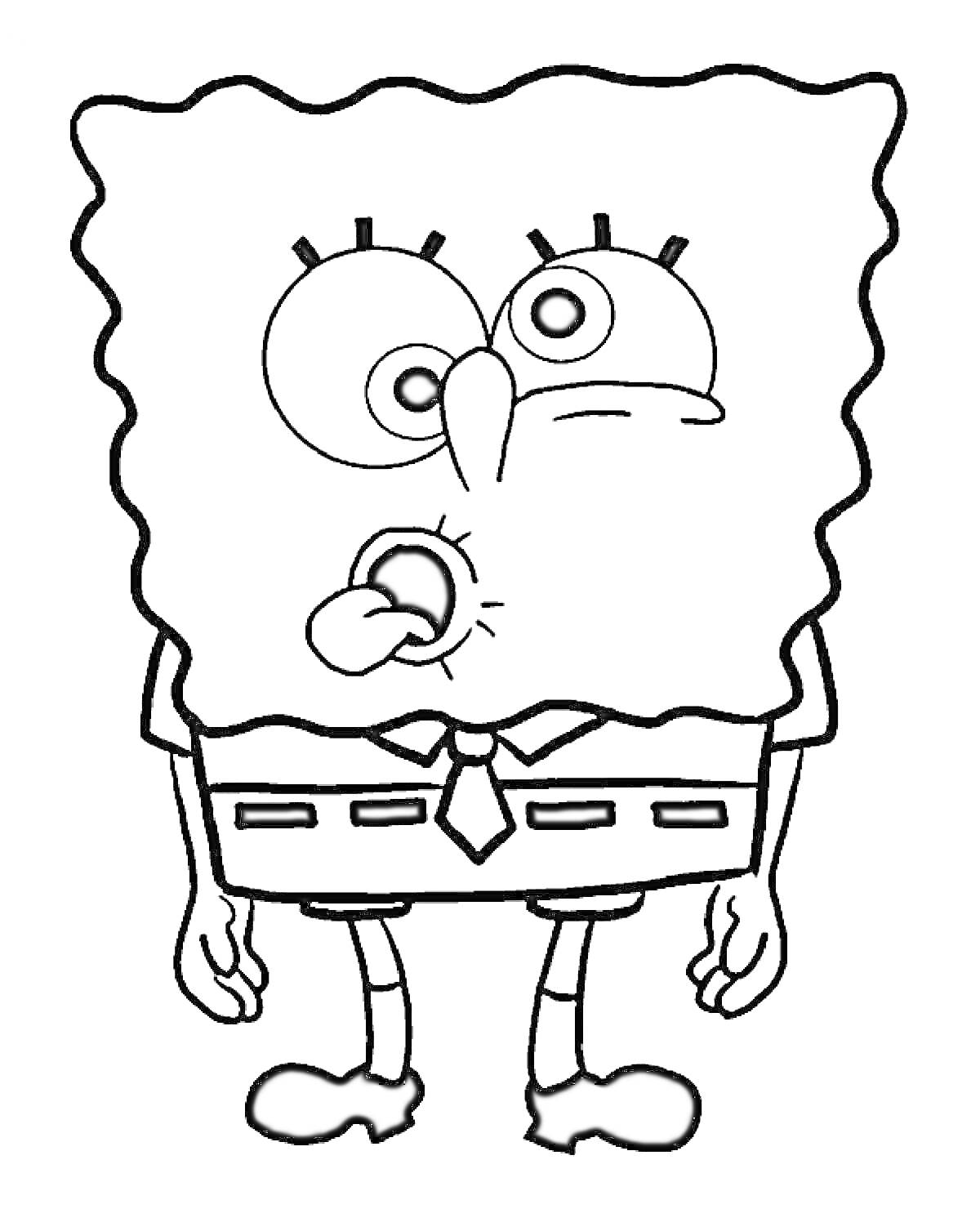 Раскраска Рисунок персонажа с квадратной головой, в одежде и галстуке, с удивленным выражением лица и языком наружу