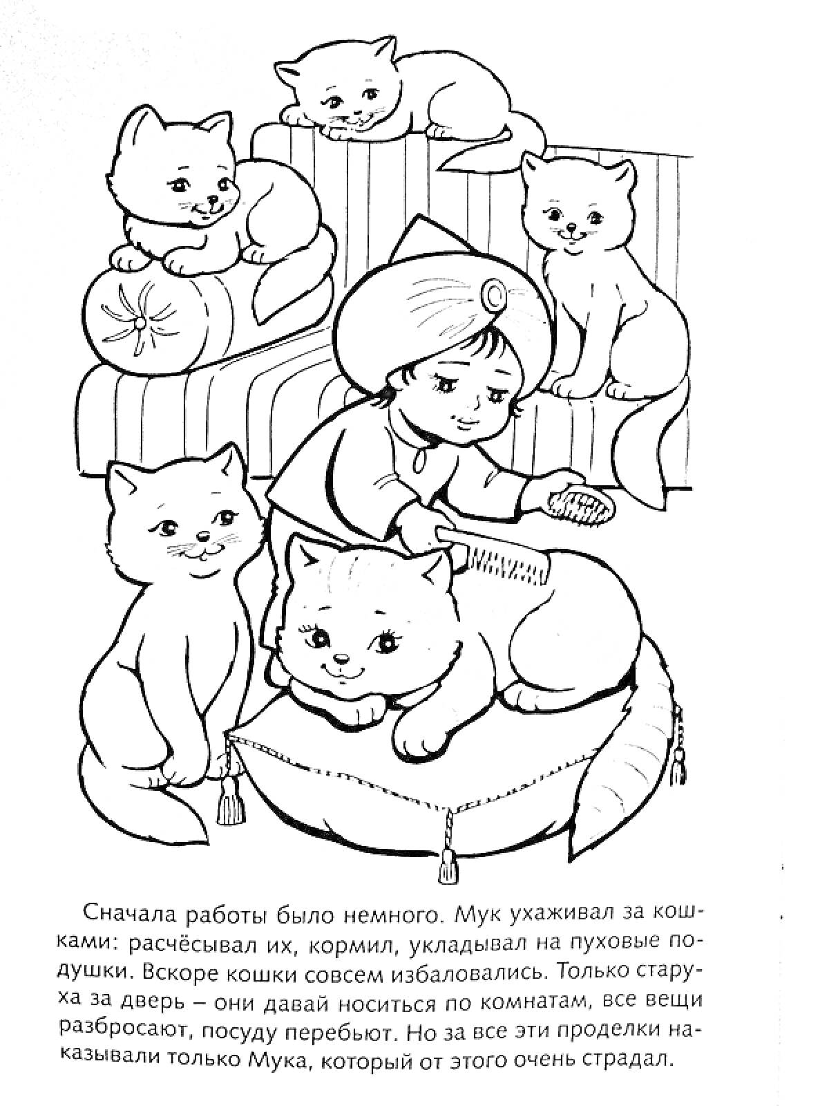 Раскраска Мальчик с кошками на подушках, сидящий на полу, расчесывает кошку, текст под картинкой.