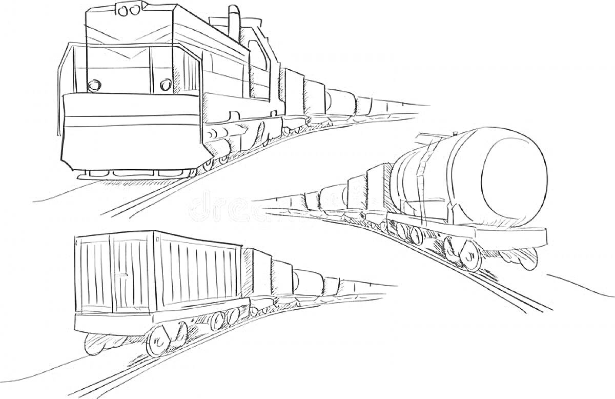 Раскраска Товарный поезд с грузовым вагоном, цистерной и контейнером