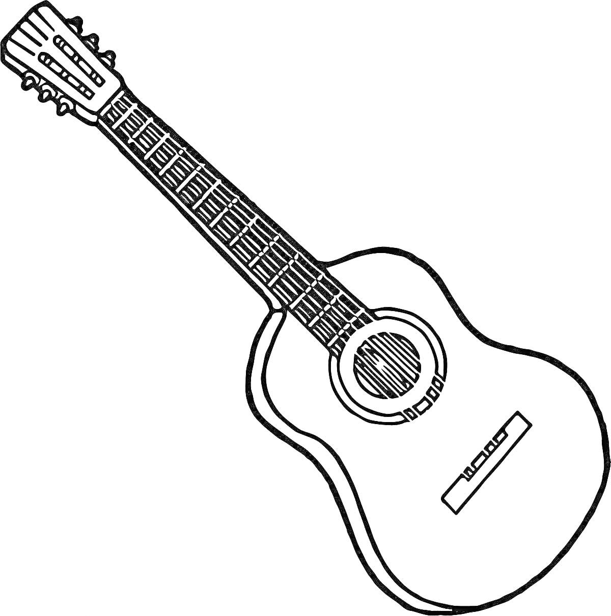 Раскраска Гитара с грифом, корпусом, резонаторным отверстием и струнами