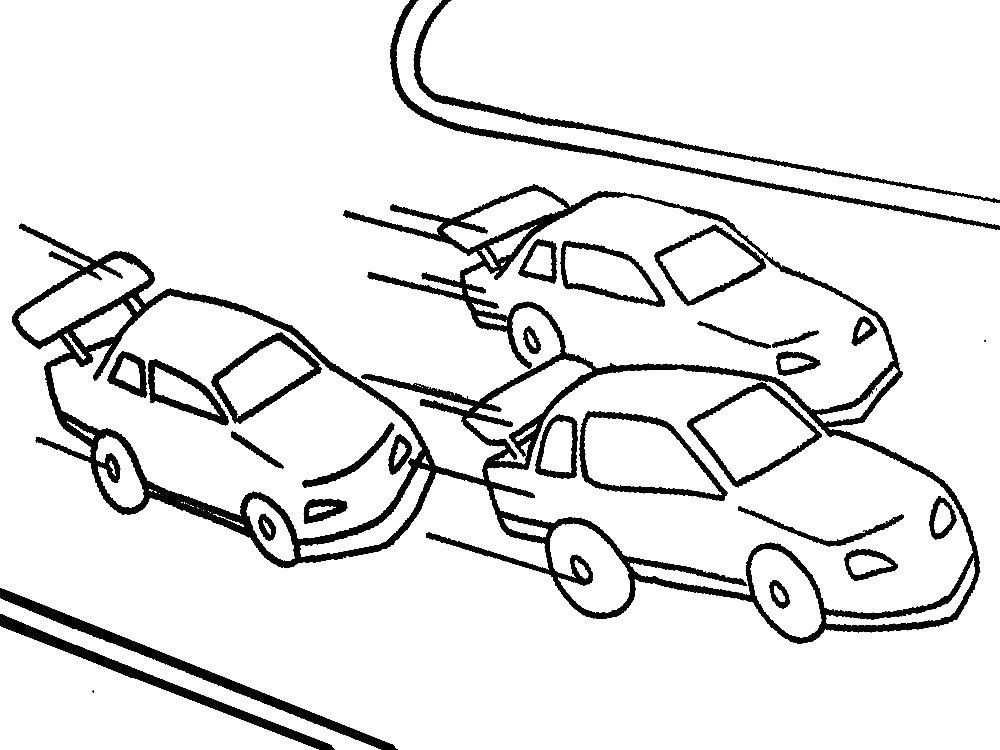Раскраска Гонки интеграция: три гоночных автомобиля с большими спойлерами на дороге.