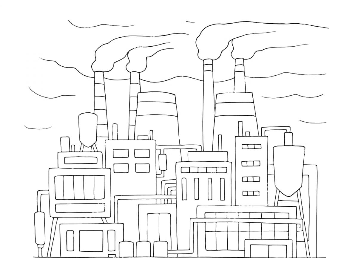 На раскраске изображено: Завод, Промышленность, Фабрика, Здания, Дым