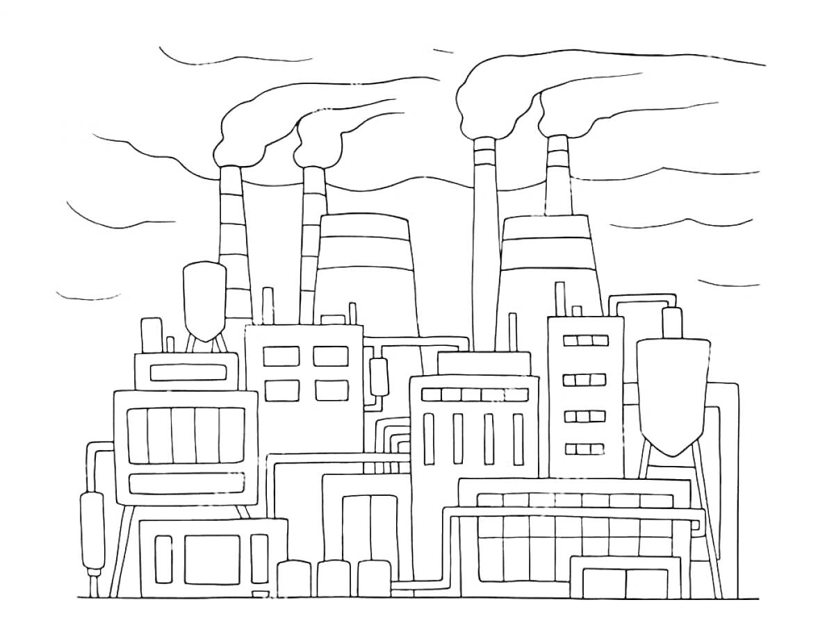 Раскраска завод с трубами, зданиями, трубопроводами и дымом из труб