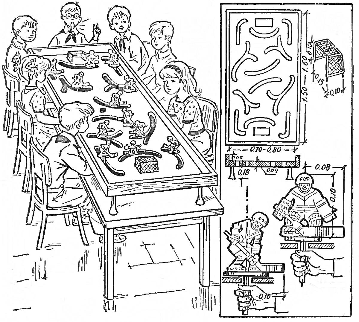 Дети играют за столом в настольную игру с фигурками и игровым полем, показывающим детали конструкции и элементов игры