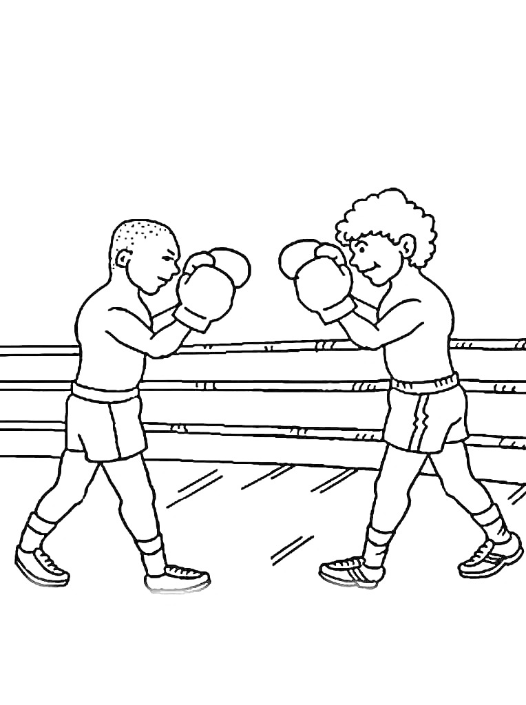 Раскраска Два боксера на ринге в боксерских перчатках, одетые в спортивные шорты и футболки, находящиеся в боевой стойке.