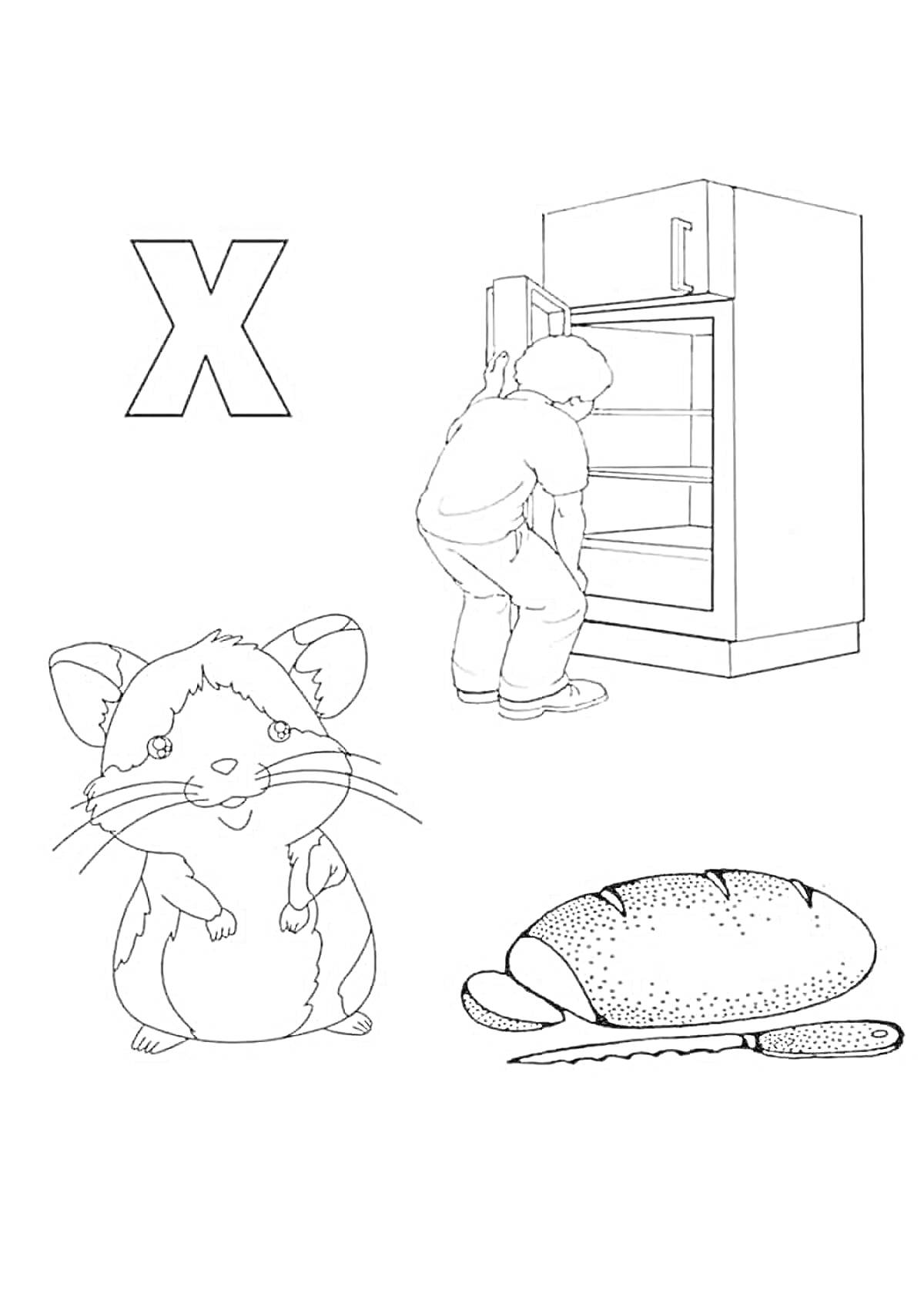 На раскраске изображено: Буква Х, Хомяк, Холодильник, Хлеб, Нож, Дошкольники
