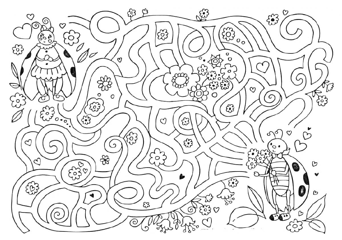 На раскраске изображено: Лабиринт, Цветы, Сердца, Для детей, Насекомое, Божьи коровки