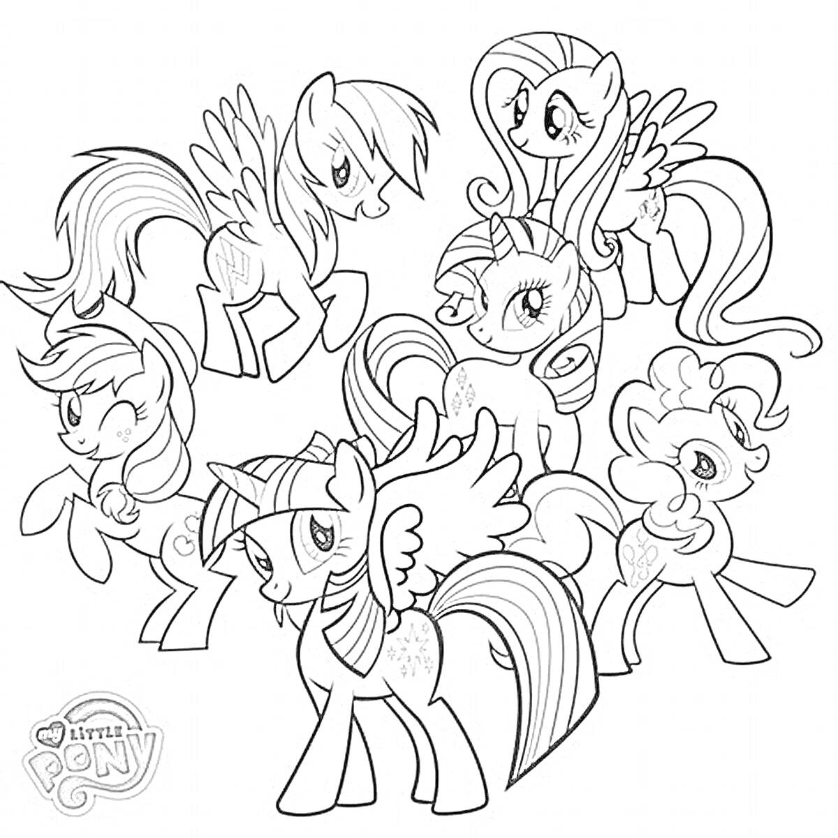 На раскраске изображено: Пони, My Little Pony, Друзья, Крылья, Грива, Ребята, Дружба