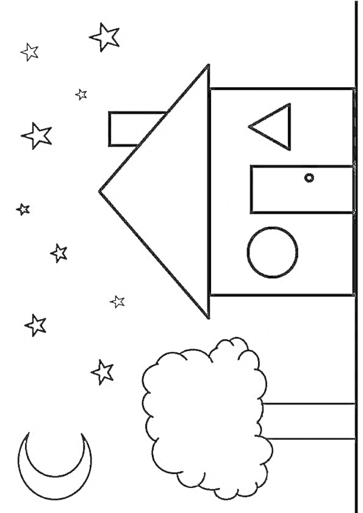 На раскраске изображено: Дом, Крыша, Луна, Геометрические фигуры, Деревья, Звезды, Круги, Прямоугольники, Треугольники