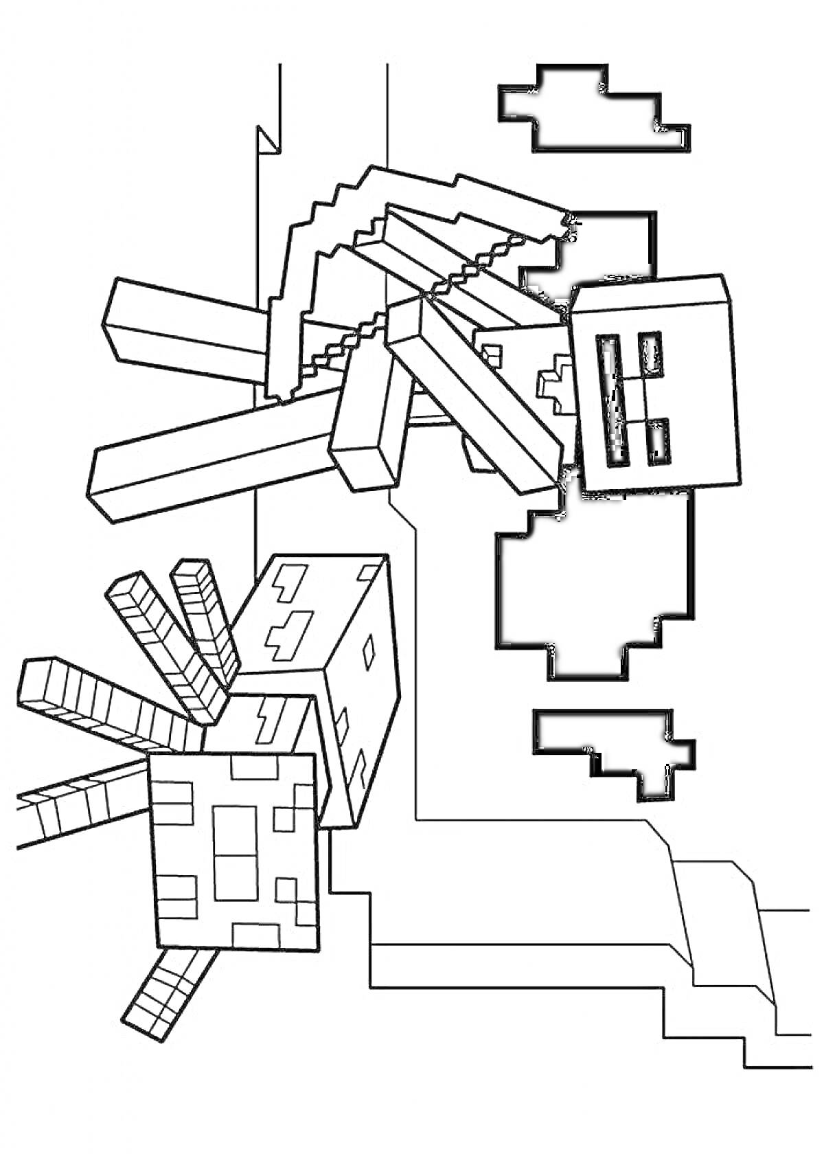 Раскраска Человек со стрелами и паук из Майнкрафт в пещере