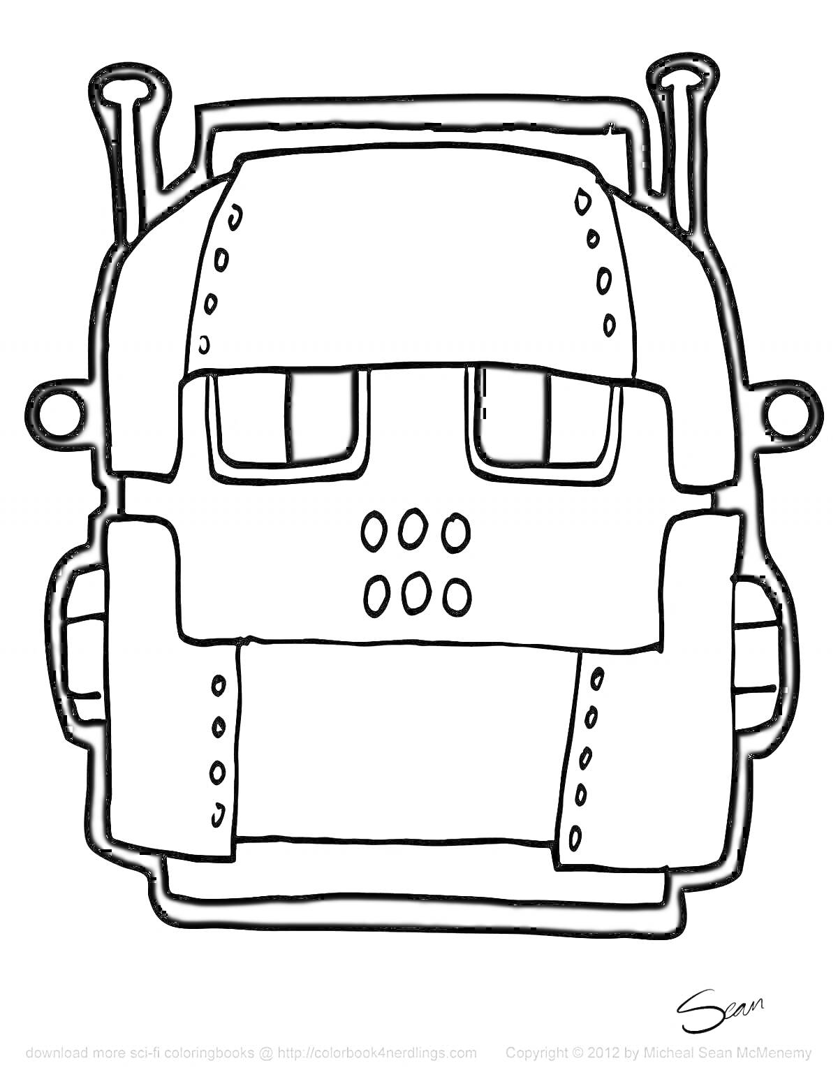 Раскраска Маска робота с антеннами и кнопками, с отверстием для глаз и болтами