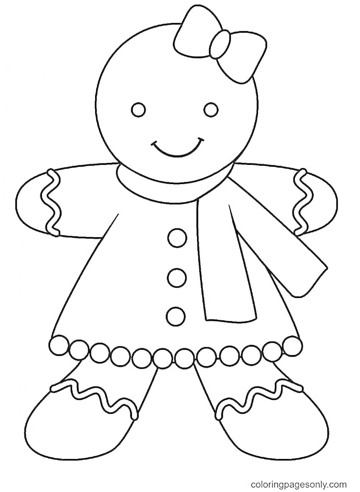 Раскраска Пряничная девочка с бантиком и шарфом
