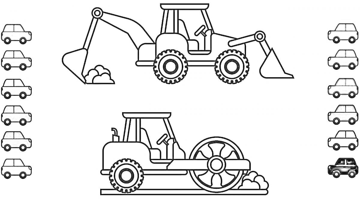 На раскраске изображено: Трактор, Ковш, Каток, Машины, Строительство, Техника, Для детей