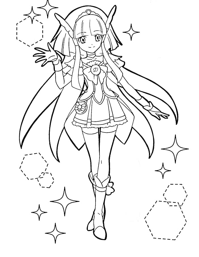 Девушка из аниме в наряде с крыльями, звезды и шестиугольники