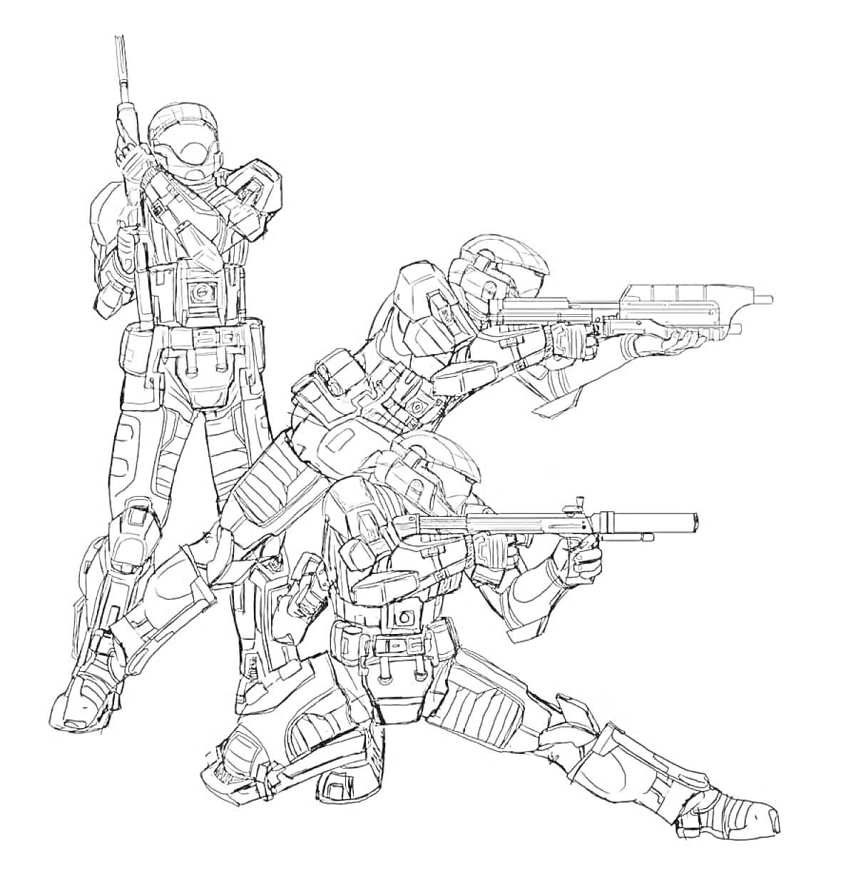 Раскраска Три вооруженных солдата в боевой экипировке