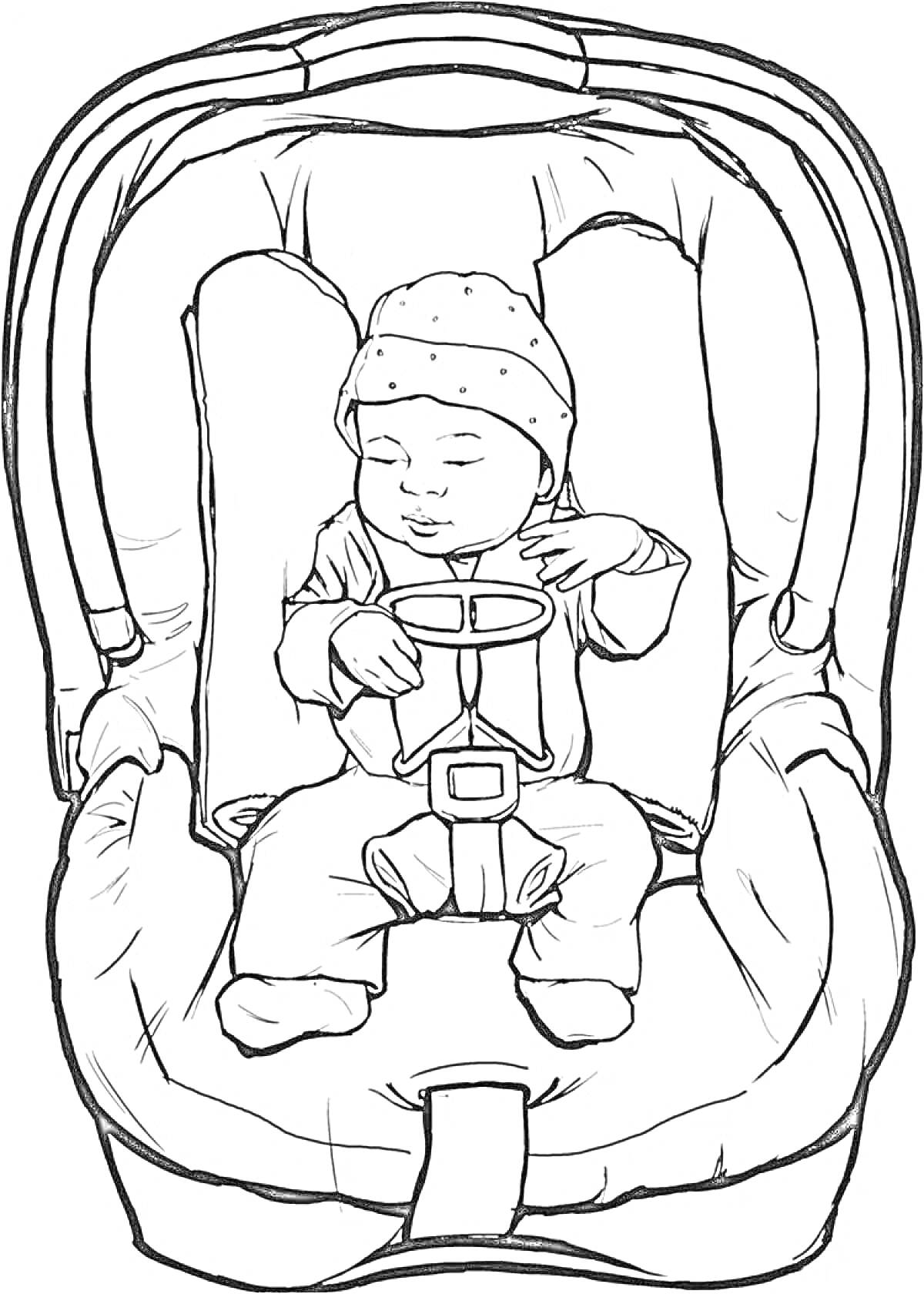 Раскраска Малыш в автокресле, малыш спит в автокресле, одет в шапочку и куртку, пристёгнут ремнями безопасности