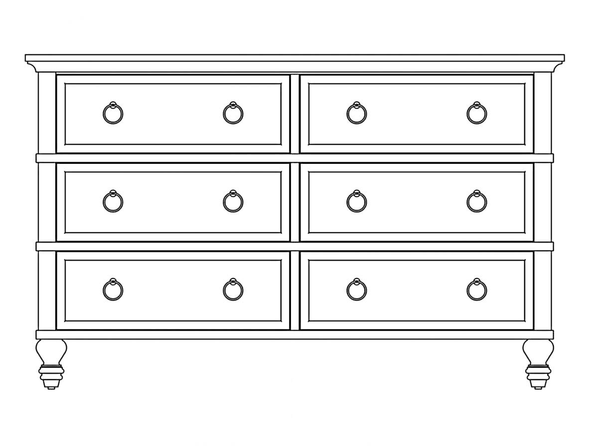 Раскраска Комод с шестью ящиками и кольцевыми ручками на ножках