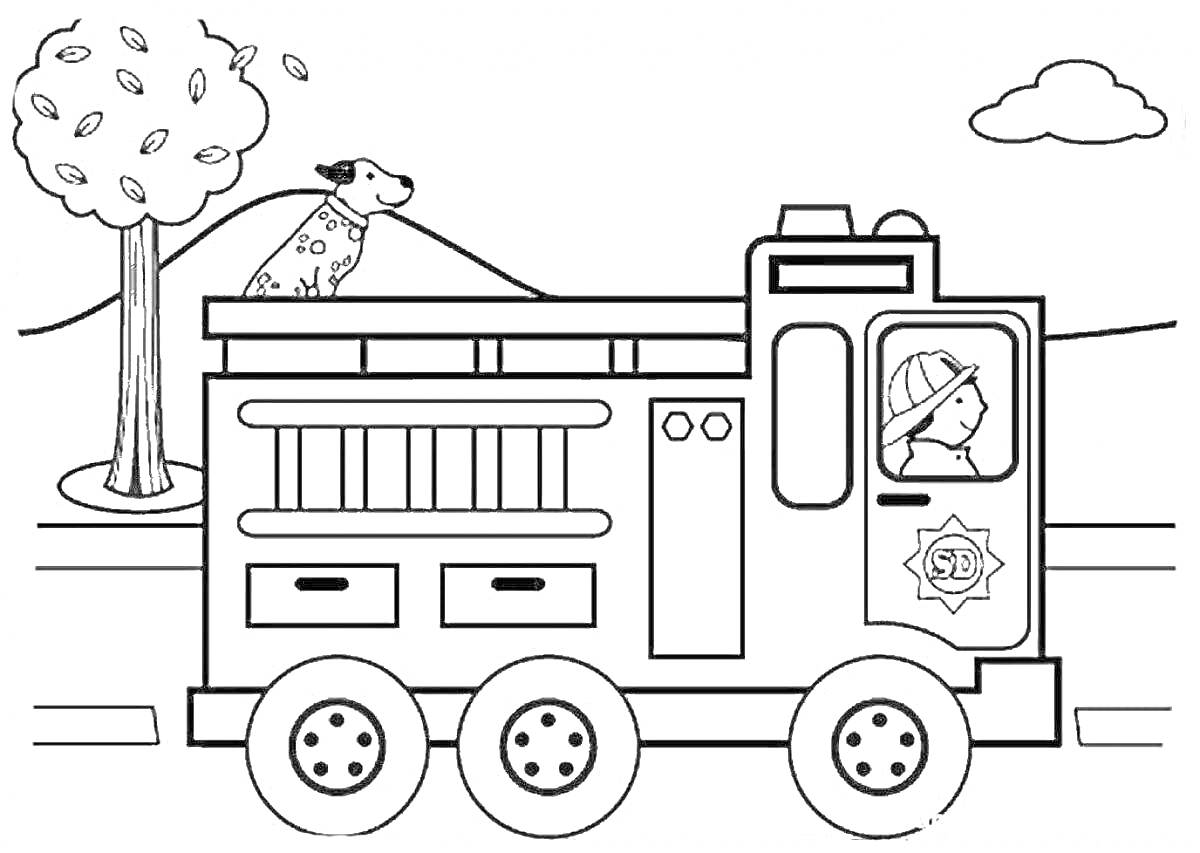 Раскраска Пожарный автомобиль с пожарным и собакой, деревом и дорогой на заднем плане
