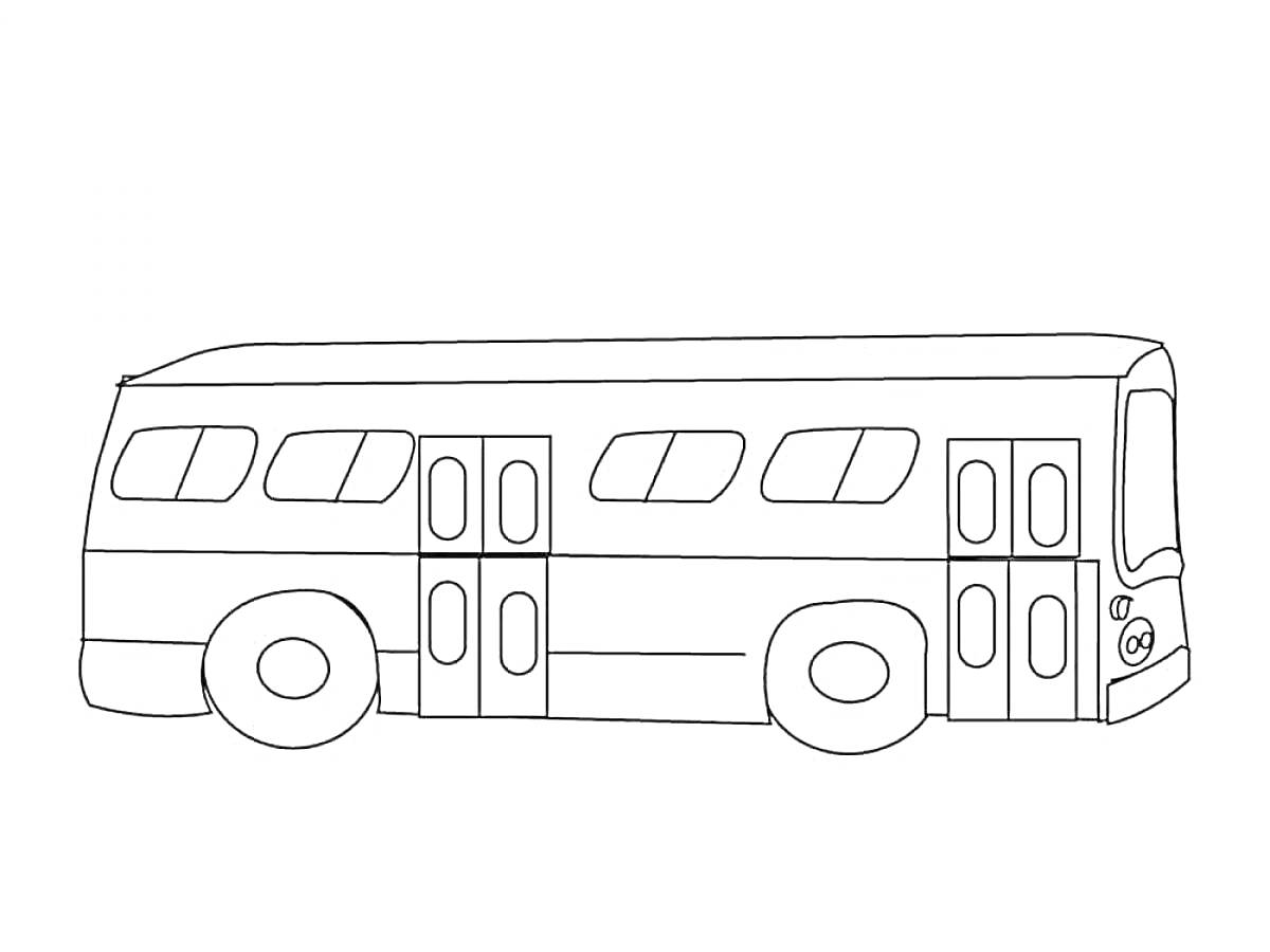 Раскраска Автобус с окнами, дверями и колесами