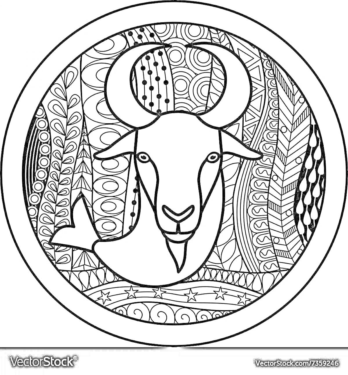 Раскраска Козерог, зодиакальный знак с рогами, в окружении абстрактных узоров, круглый контур