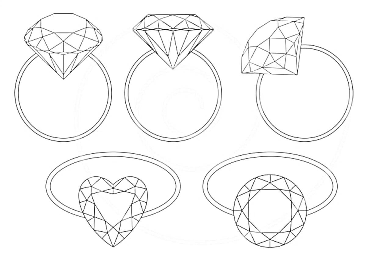 Раскраска Кольца с бриллиантами в разных огранках (круглая огранка, треугольная огранка, квадратная огранка, сердцевидная огранка, овальная огранка)