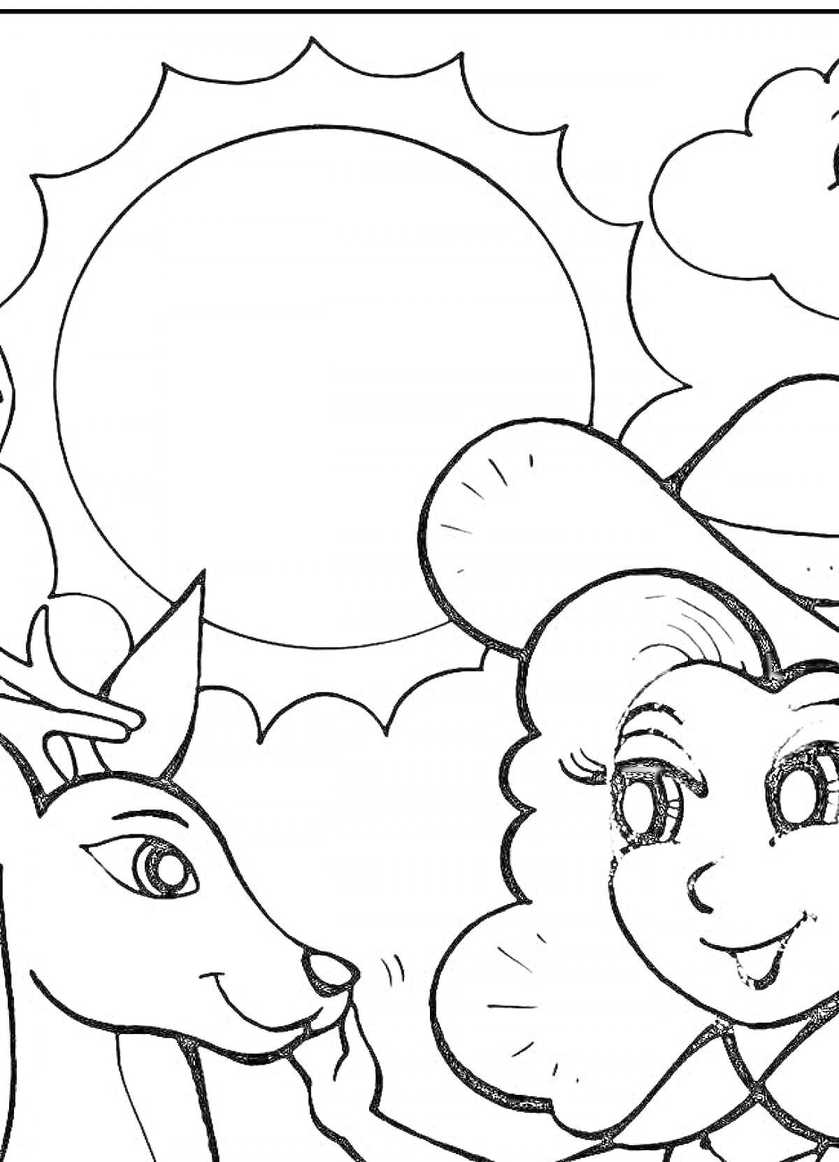 Раскраска Девочка и олень на фоне солнца и облаков