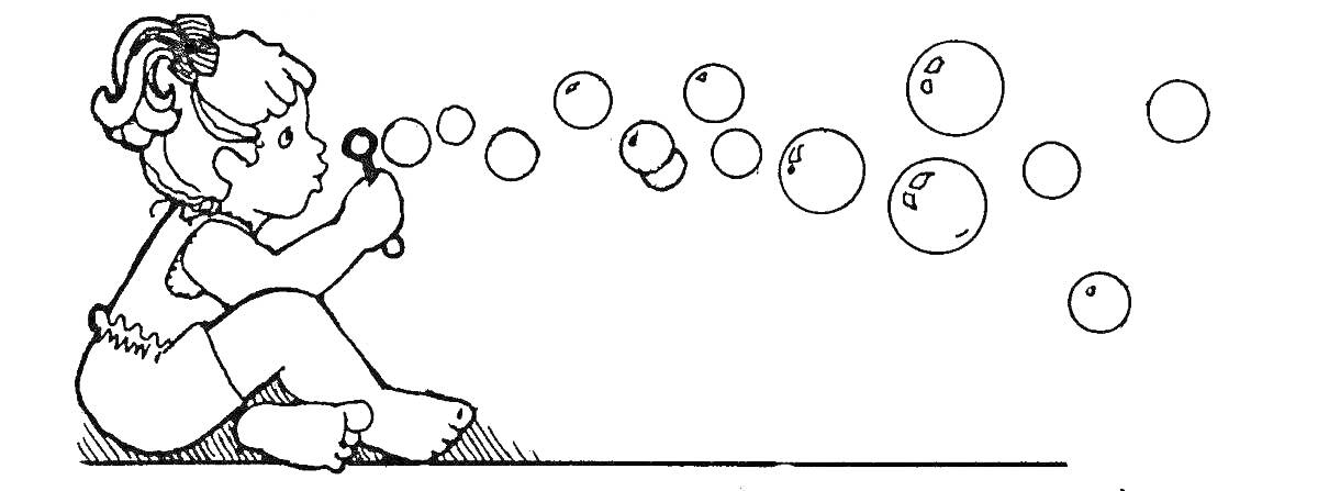 Раскраска Ребёнок, сидящий на земле, пускает мыльные пузыри