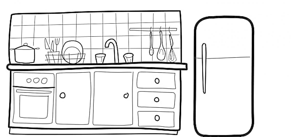 Раскраска Кухня с плитой, кастрюлей, посудой, полками, крючками для кухонных принадлежностей, раковиной и холодильником.