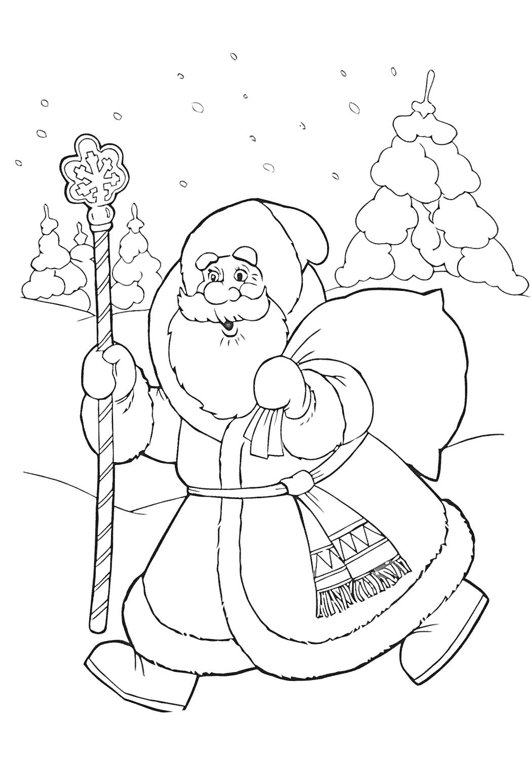 Раскраска Мороз Иванович с посохом на фоне леса и снега