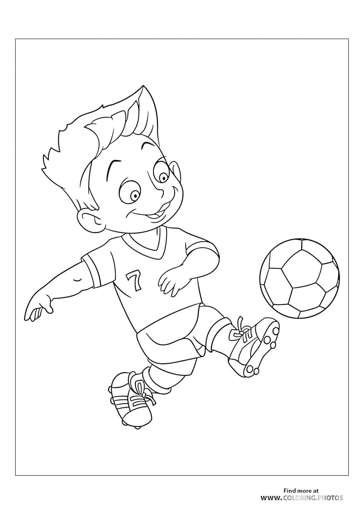 Раскраска Мальчик в футбольной форме играет в футбол, набивая мяч