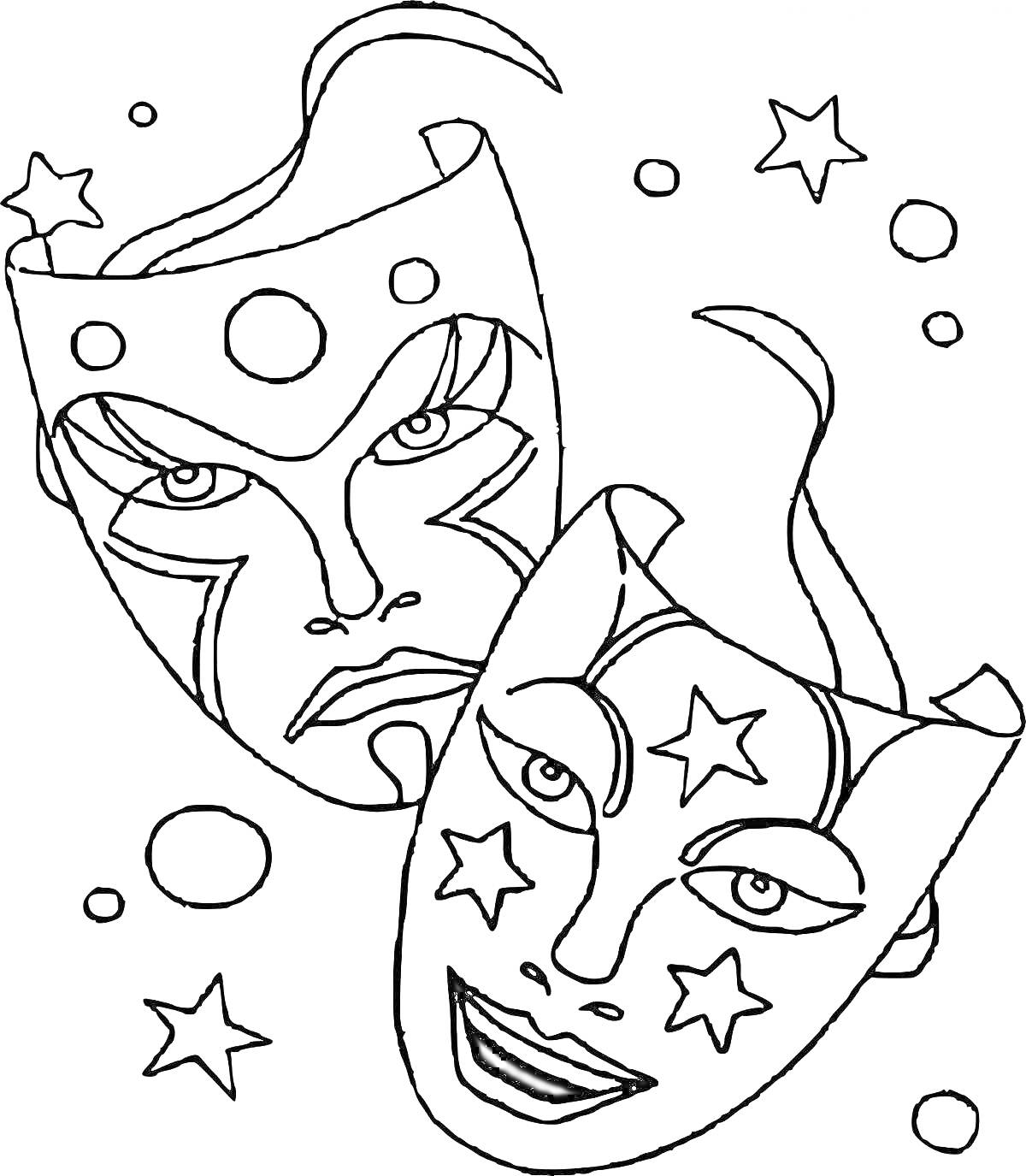 Раскраска театральные маски с звездочками и кругами