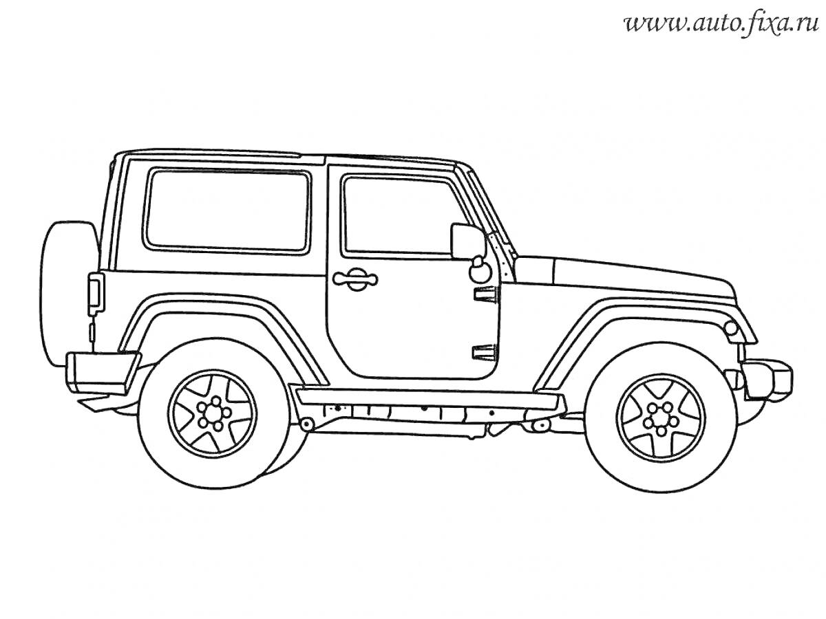 Раскраска Джип с боковой дверью, запасным колесом, четырьмя колесами, окном, ручками, решёткой радиатора и фарой.