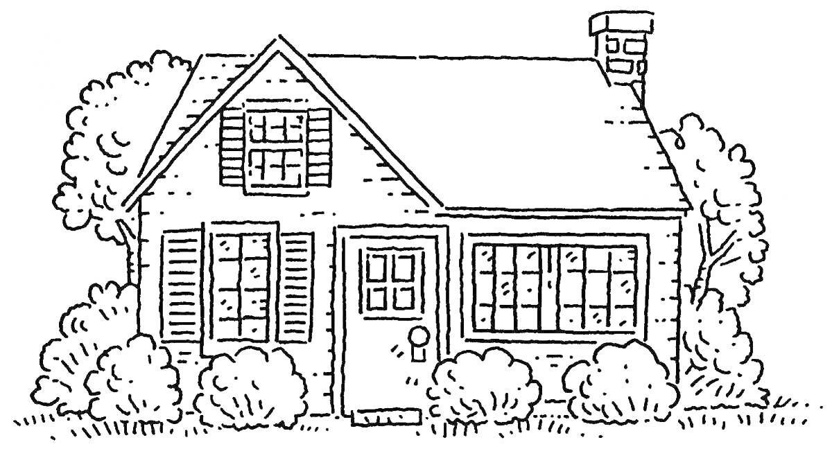 На раскраске изображено: Домик, Деревня, Деревья, Окна, Дверь, Крыша, Ставни, Для детей