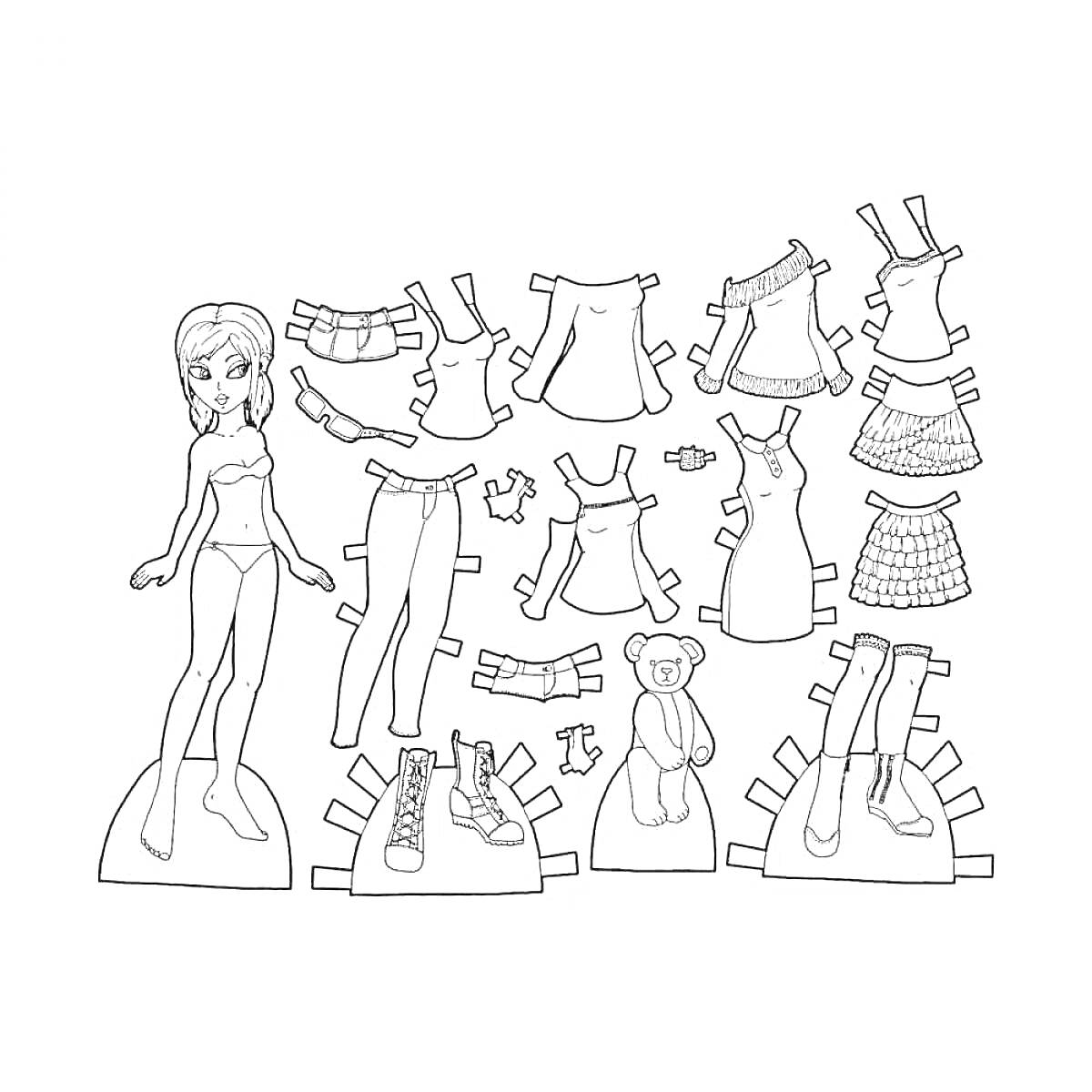 На раскраске изображено: Утка Лалафанфан, Одежда, Юбки, Футболки, Штаны, Обувь, Кукла, Бумажная кукла