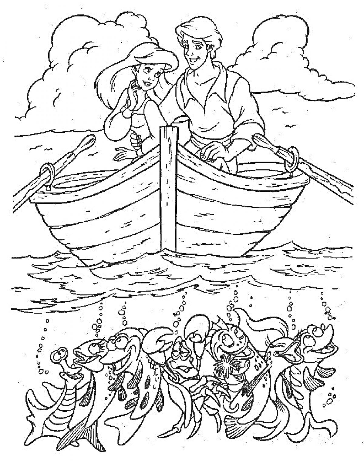 Раскраска Ариэль и принц Эрик на лодке с рыбами под водой