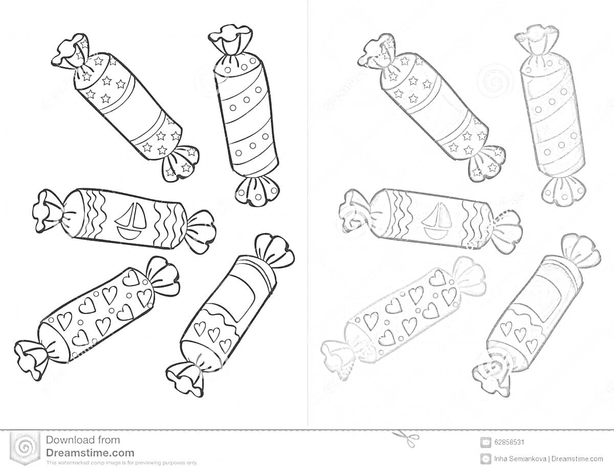 Раскраска Фантики от конфет с рисунками сердечек, парусника и полосок