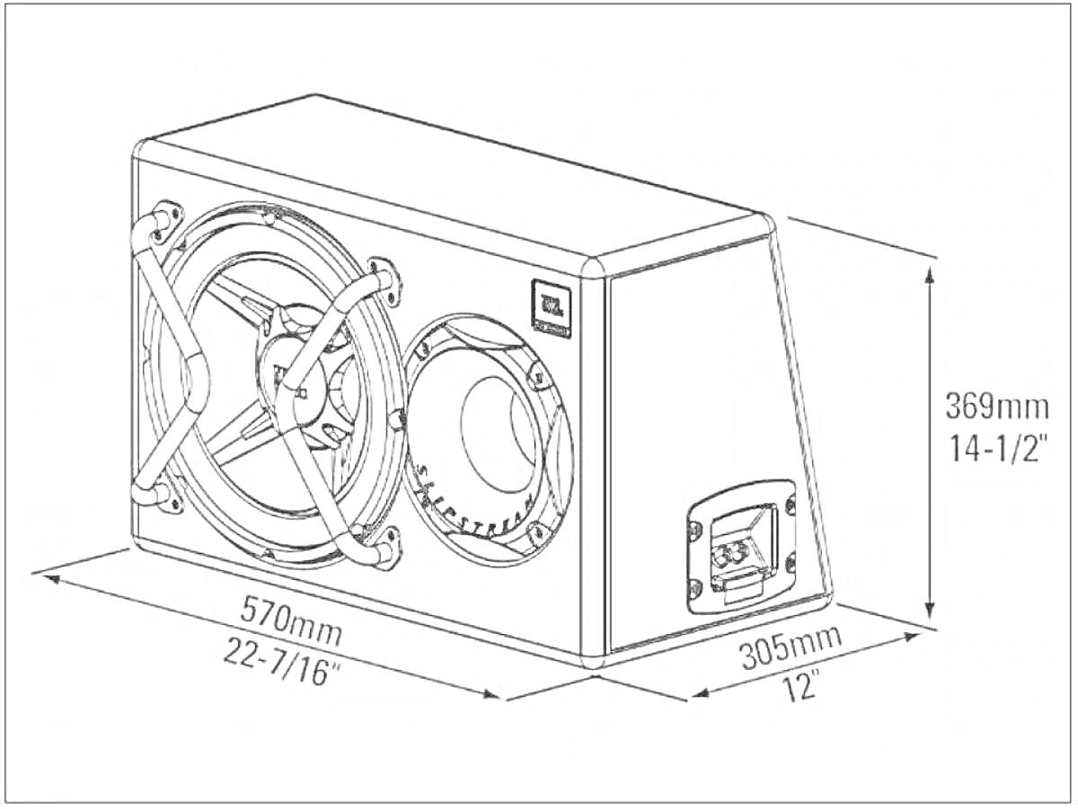 Раскраска Сабвуфер с двумя динамиками и мерными размерами