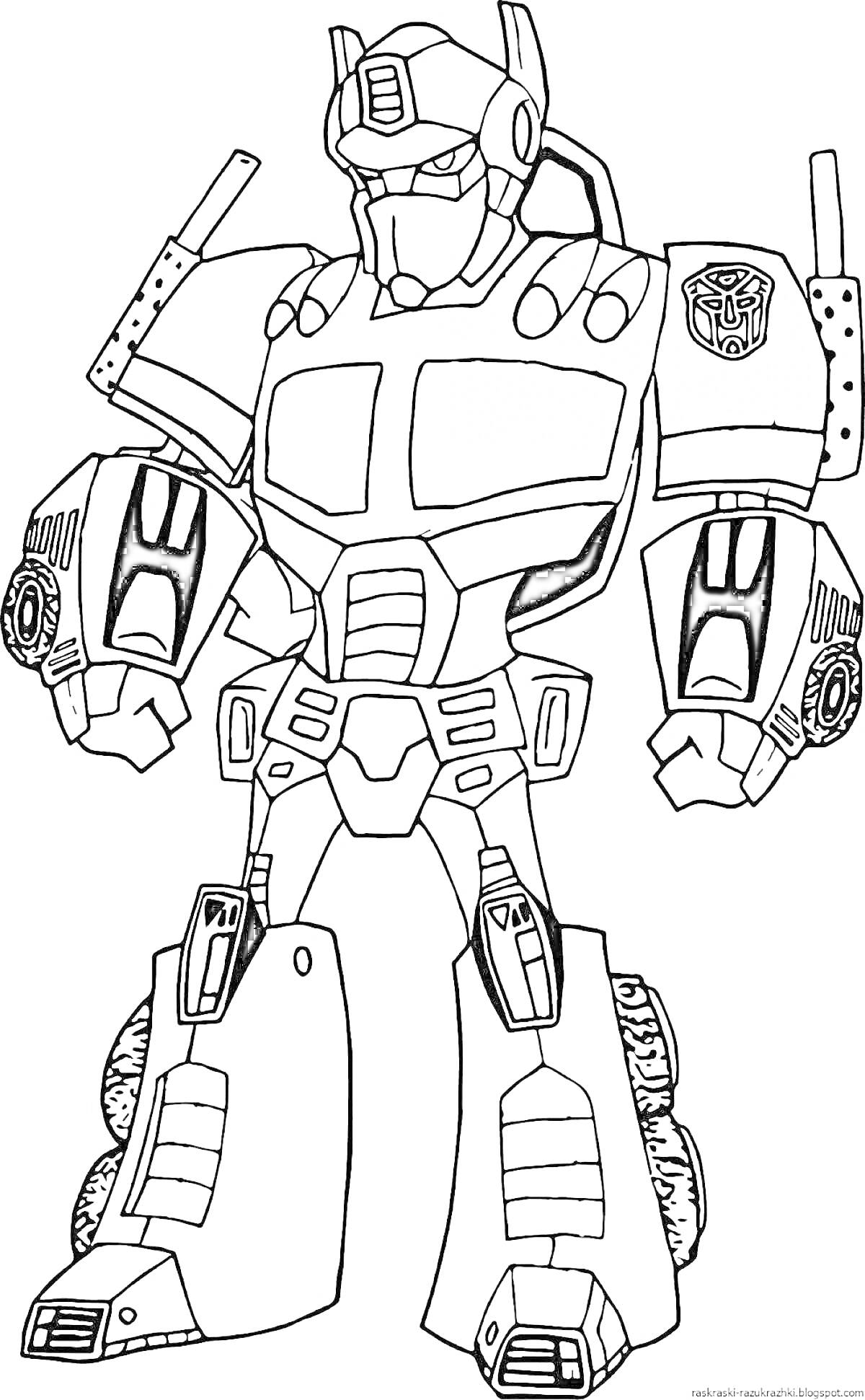 Раскраска Робот с эмблемой, бронированный с деталями на плечах, руках и ногах