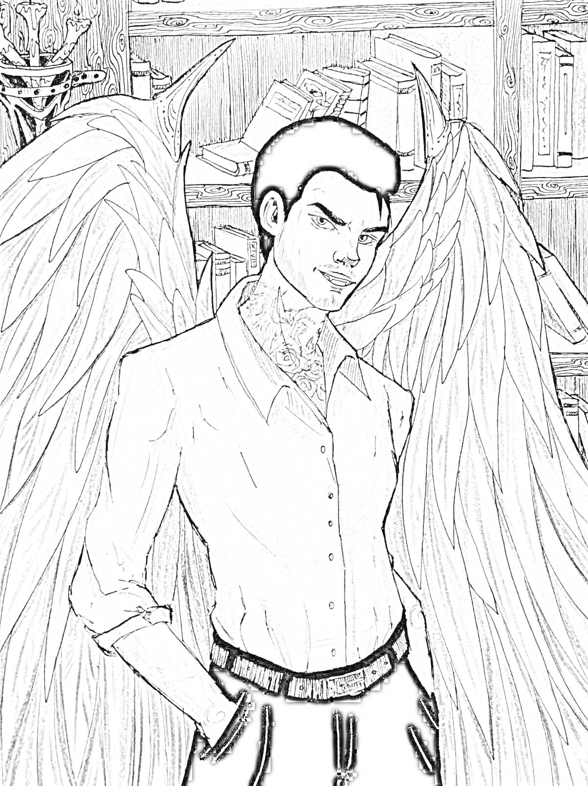Раскраска Мужчина с крыльями ангела на фоне книжных полок
