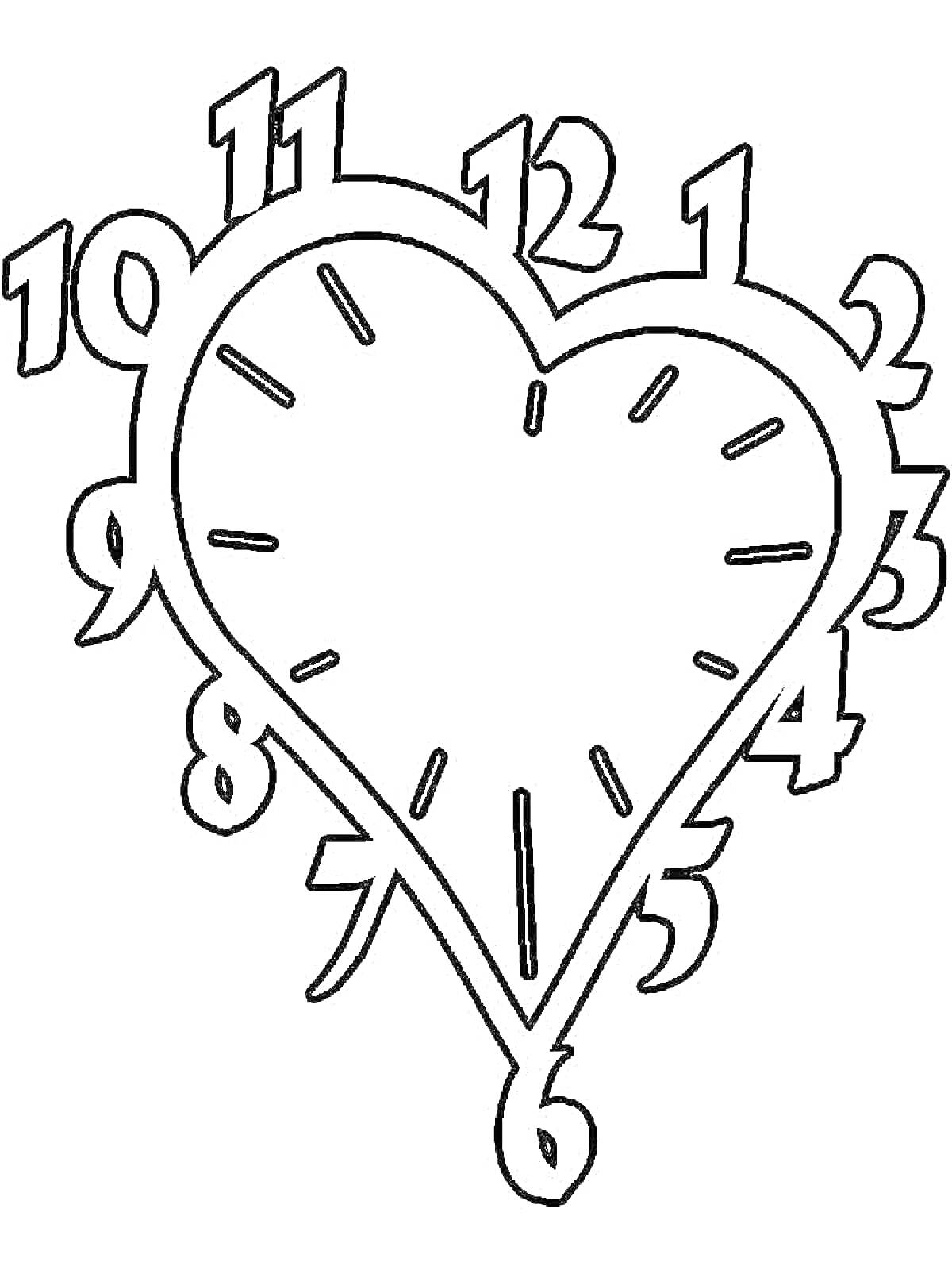 Раскраска Часы в форме сердца с часами и цифрами
