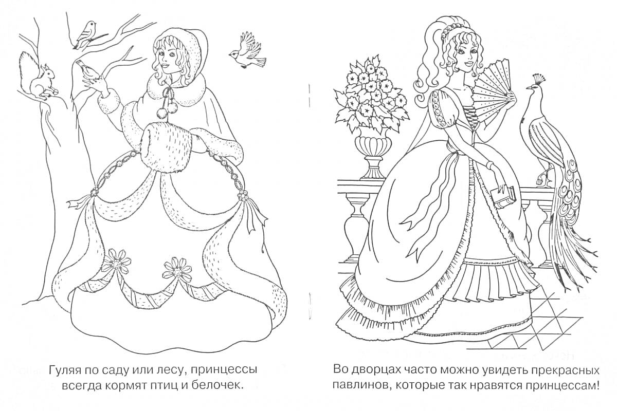 На раскраске изображено: Принцесса, Лес, Белка, Цветы, Дворец, Веер, Павлин, Ваза, Цветочная композиция