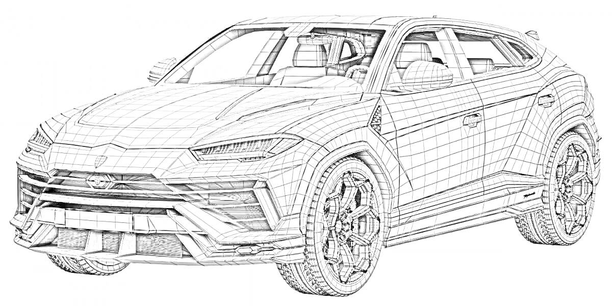 Раскраска Раскраска с изображением автомобиля Урус с детализацией элементов кузова и колес