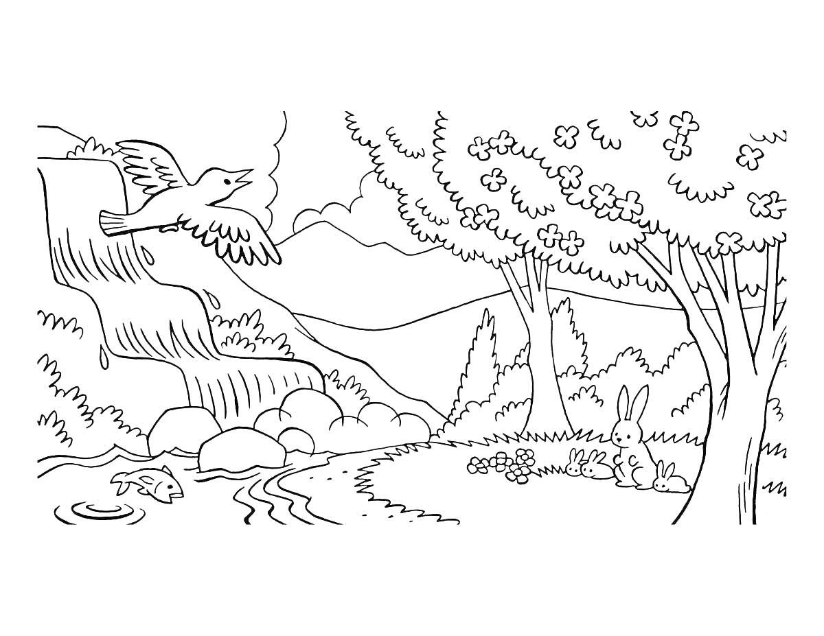 На раскраске изображено: Пейзаж, Лес, Водопад, Птица, Рыба, Заяц, Природа