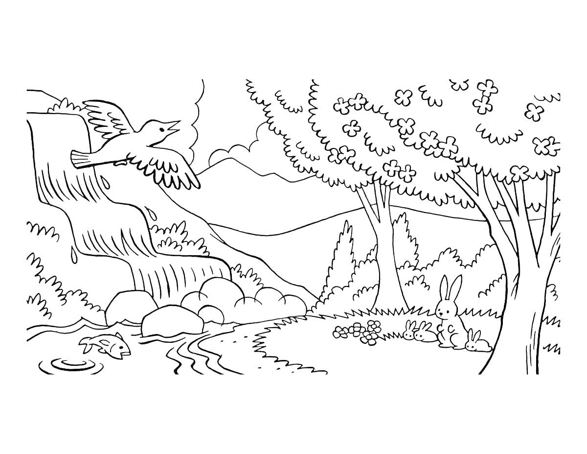Раскраска Пейзаж с лесом, водопадом, деревьями, птицей в полете, рыбой в воде и зайцем под деревом