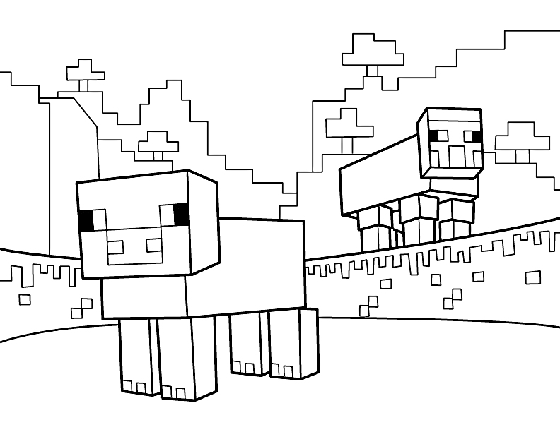На раскраске изображено: Minecraft, Деревня, Холмы, Деревья, Пиксельная графика, Блоки, Овечки