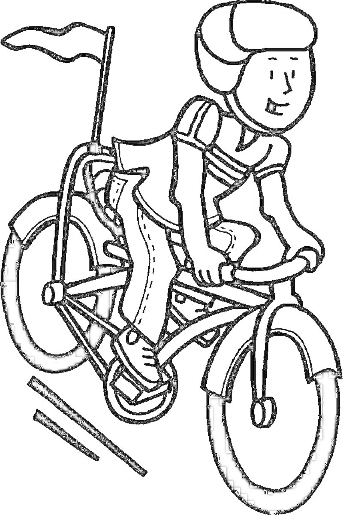 На раскраске изображено: Ребенок, Велосипед, Флаг, Спорт, Езда на велосипеде, Безопасность, Активность, Дошкольник
