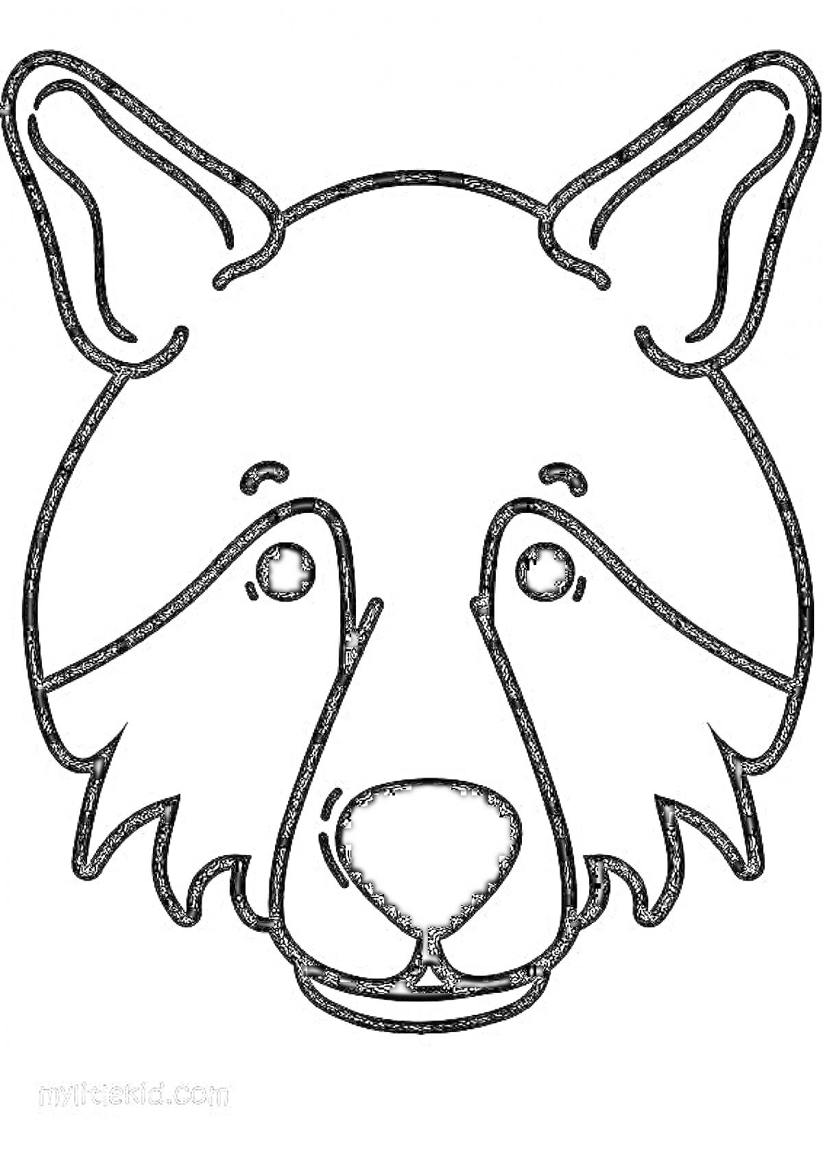 Раскраска Маска волка с глазами, носом и ушами, контурный рисунок для раскрашивания